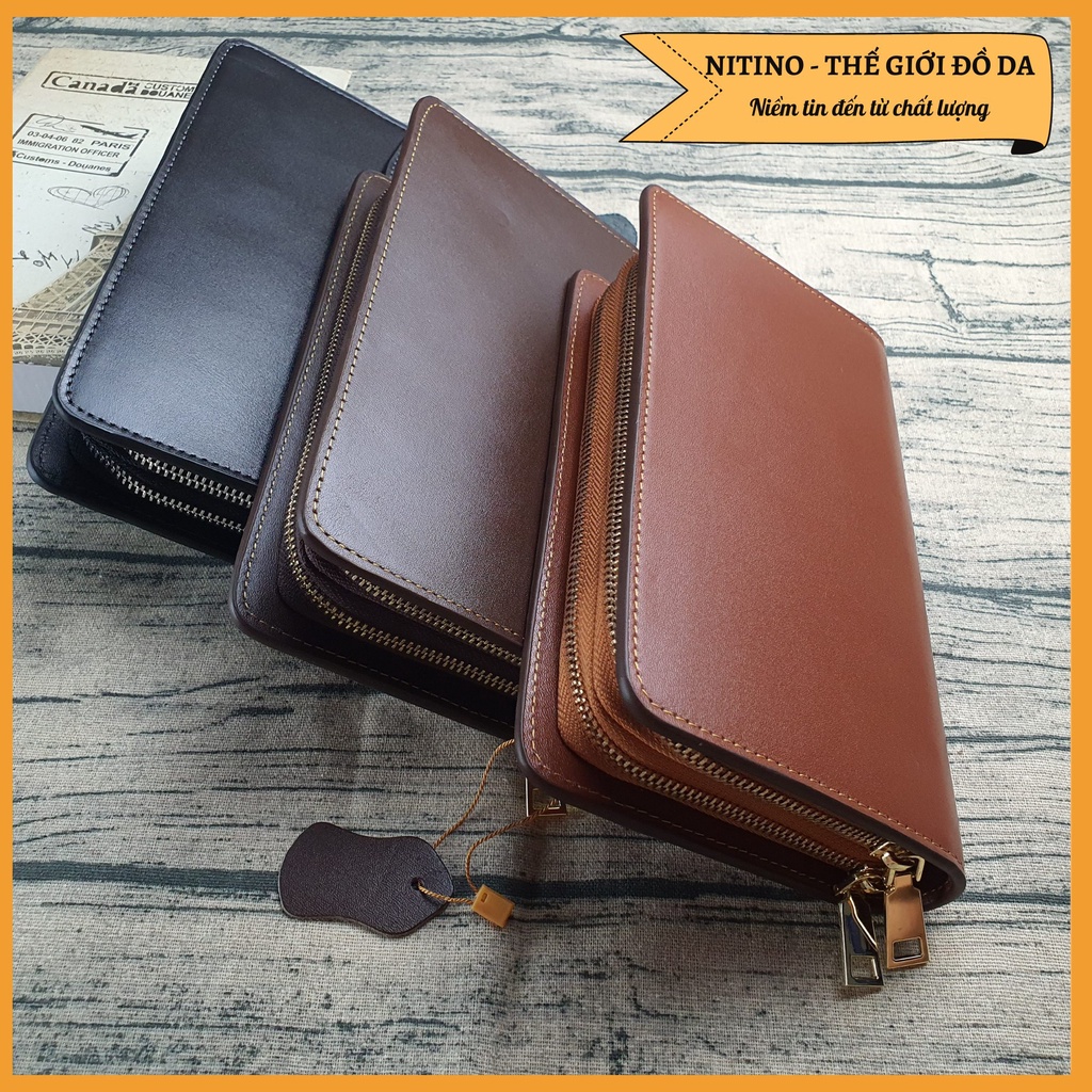 Clutch cầm tay da bò, ví dài handmade nam nữ cao cấp 2 khóa kéo đựng được điện thoại CL03