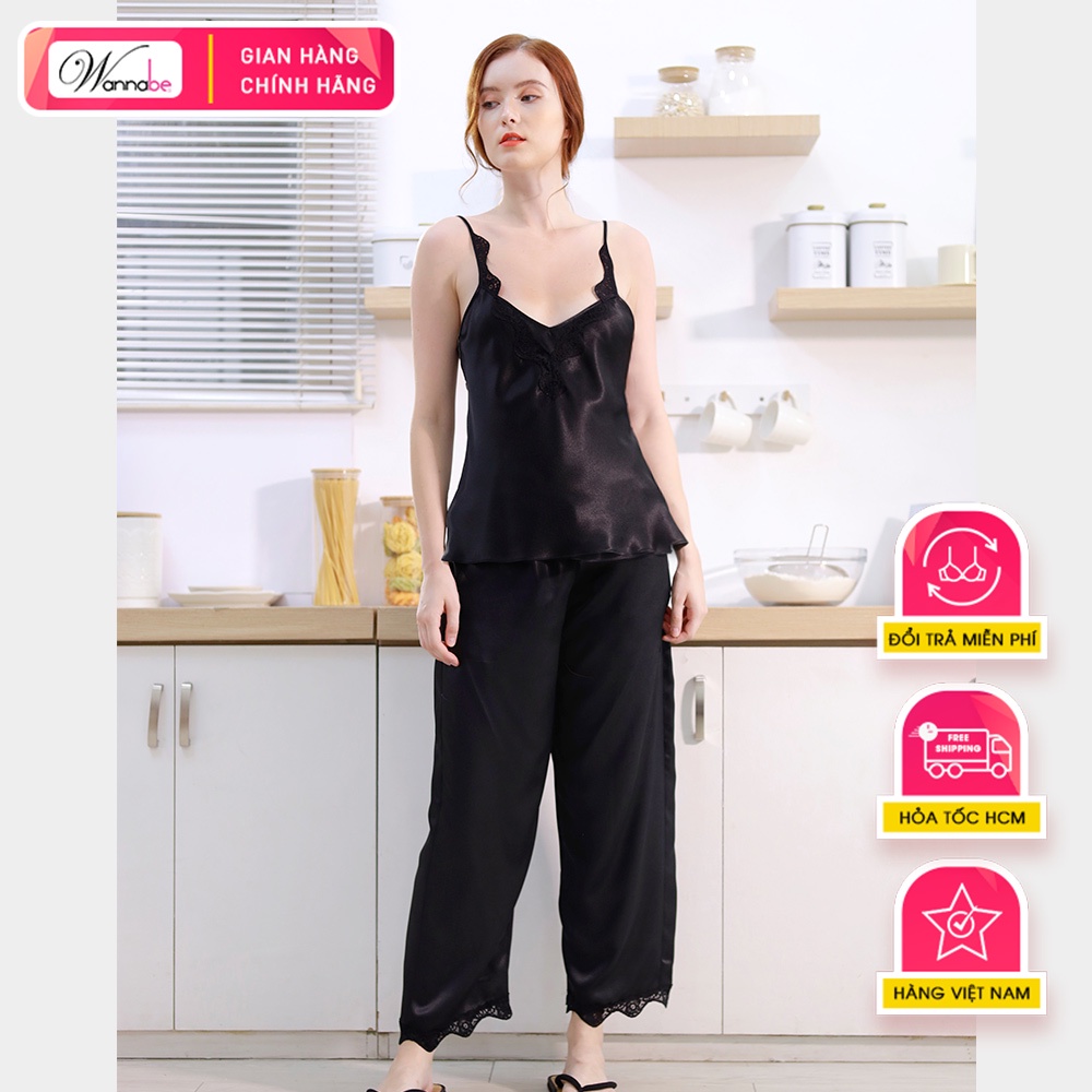 Đồ bộ mặc nhà phi lụa cao cấp Wannabe, bộ dài BDS39 viền ren dây vai bắt mắt nữ tính