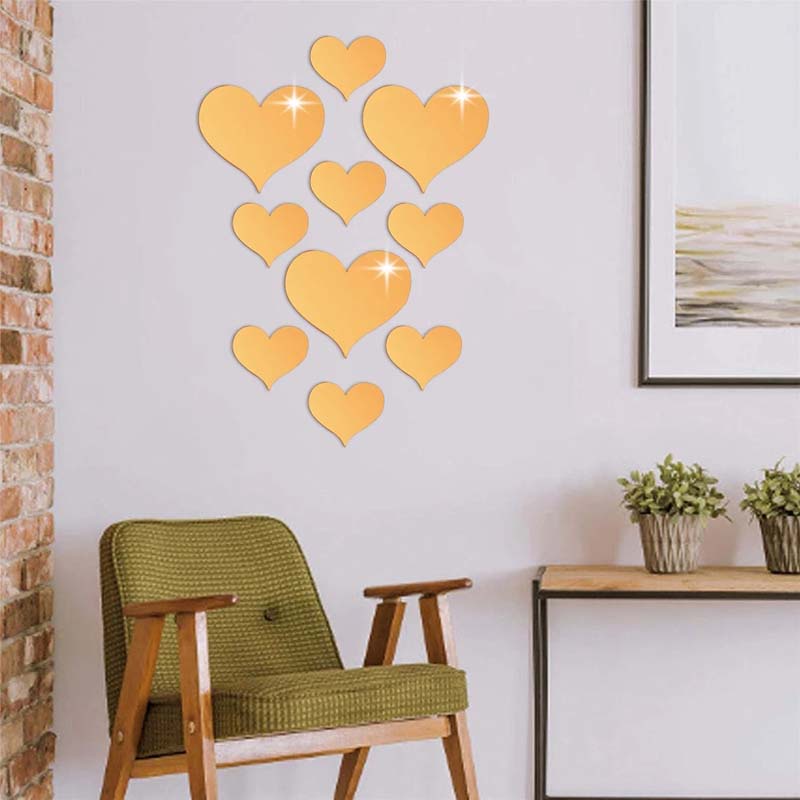 Bộ 10 miếng acrylic dán tường trang trí nội thất hình trái tim 3D DIY