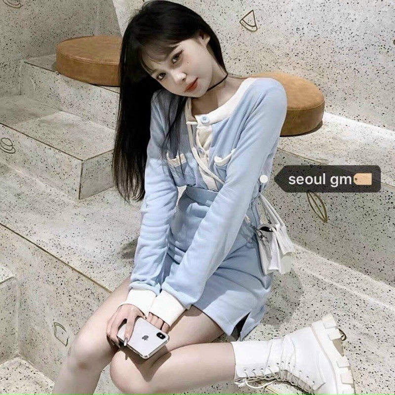 SET CROP XANH POLO VIỀN TRẮNG + CHÂN VÁY