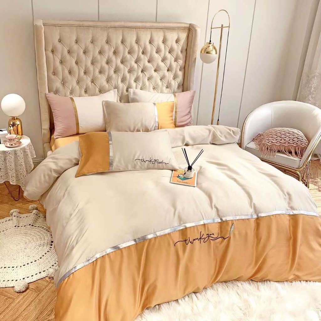 Chăn ga gối tencel hàng loại đẹp - Mẫu Trắng Cam