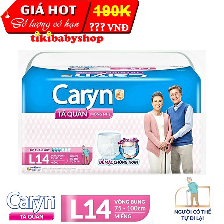 Tã Quần Người Lớn Caryn Mỏng Nhẹ Chống Tràn Size L7 Miếng/ L14 Miếng - Vòng bụng 75-100cm