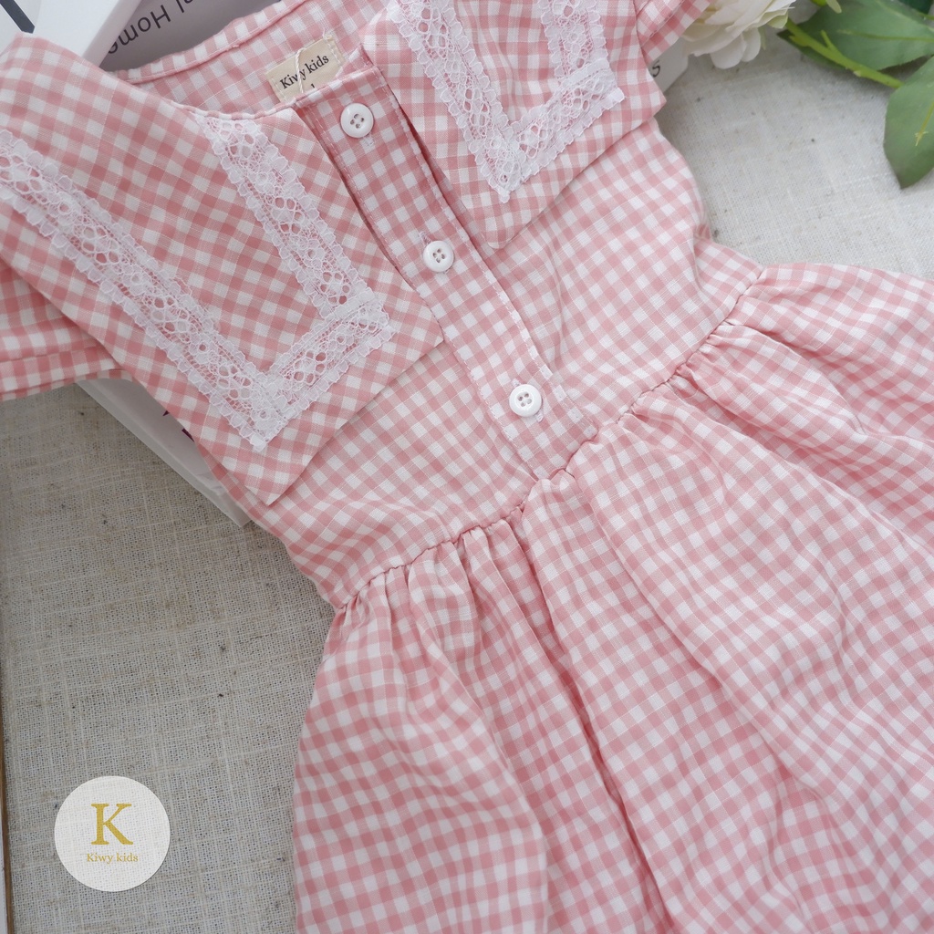 Đầm bé gái KIWY KIDS chất cotton kẻ caro, cổ viền ren độc đáo Kidsh2195 cho bé từ 1 đến 6 tuổi