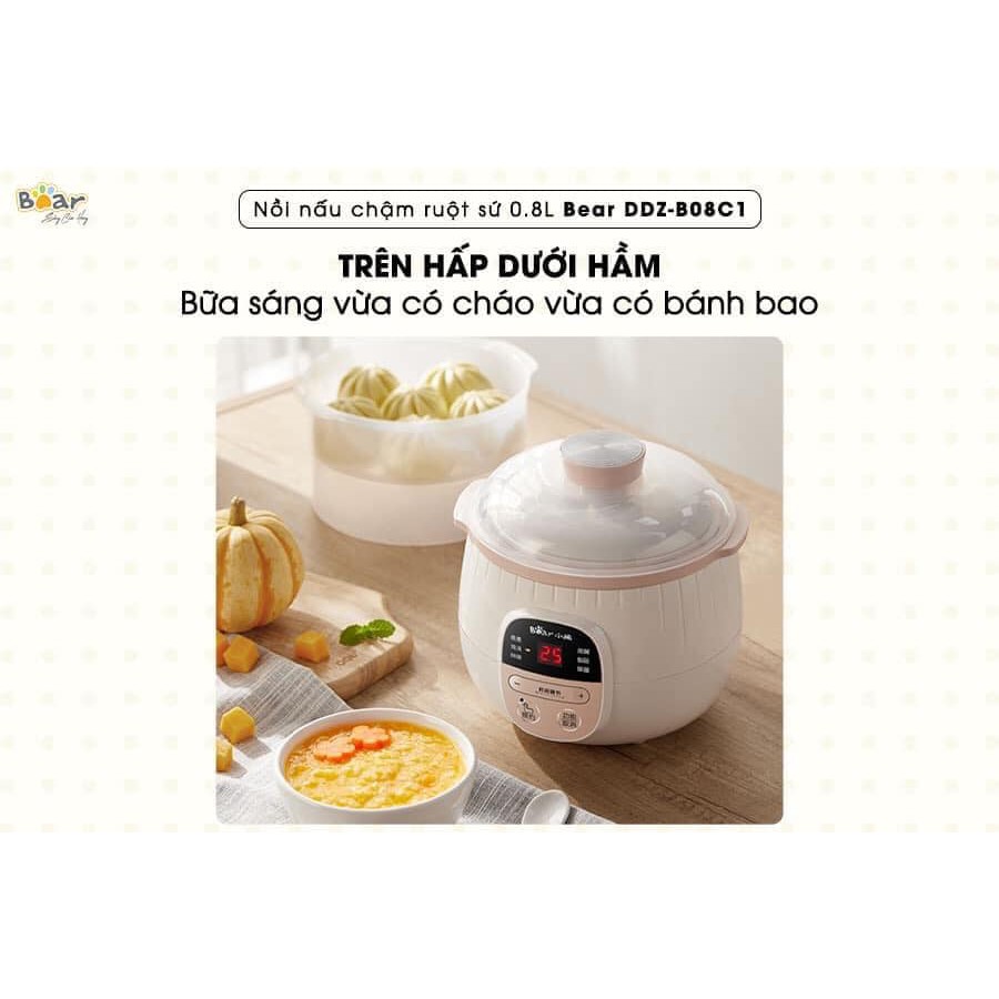 Nồi Nấu Cháo Cho Bé_Nồi Nấu Chậm_Hầm Cháo Đa Năng, Kèm Lồng Hấp_Bear Dung Tích 0.8L - Bản quốc tế - Bảo Hành 12 Tháng