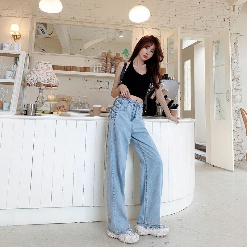 Quần Short Denim Ống Rộng Lưng Cao Dễ Phối Đồ Có Dây Xích Thời Trang Mùa Hè 2020 Cho Bạn Nữ