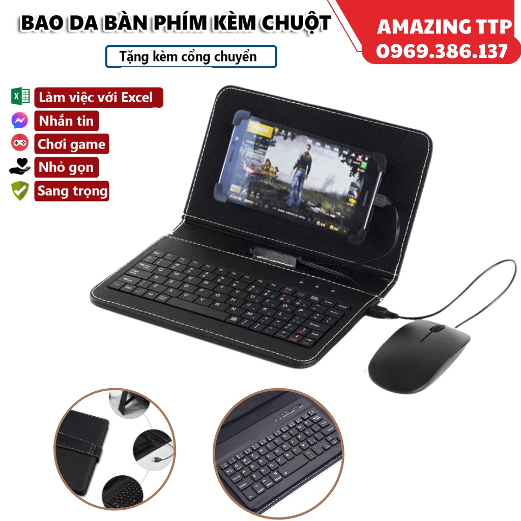 Bàn phím, Bao da bàn phím điện thoại nhỏ gọn tiện dụng, chơi game, lướt web như laptop. TẶNG KÈM CỔNG CHUYỂN ĐỔI