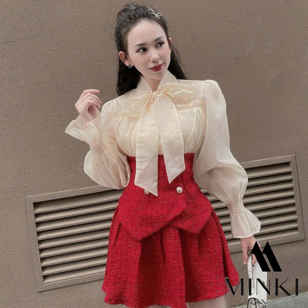 SET DẠ TẾT KÈM ÁO SƠ MI VOAN TƠ TIỂU THƯ - CHẤT LIỆU CAO CẤP CHO DỊP TẾT ĐẾN XUÂN VỀ - HAI MÀU ĐỎ VÀ ĐEN