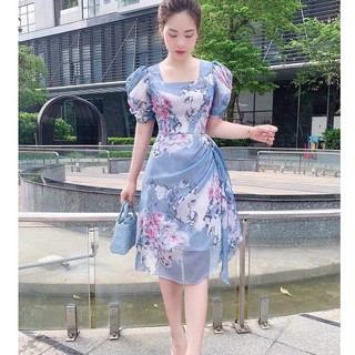 Đầm Nữ Lụa Hoa Tay Phồng Cổ Vuông Nhúm Eo, Họa Tiết Hoa Màu Xanh Công Chúa Thời Trang Sang Trọng - Winchois