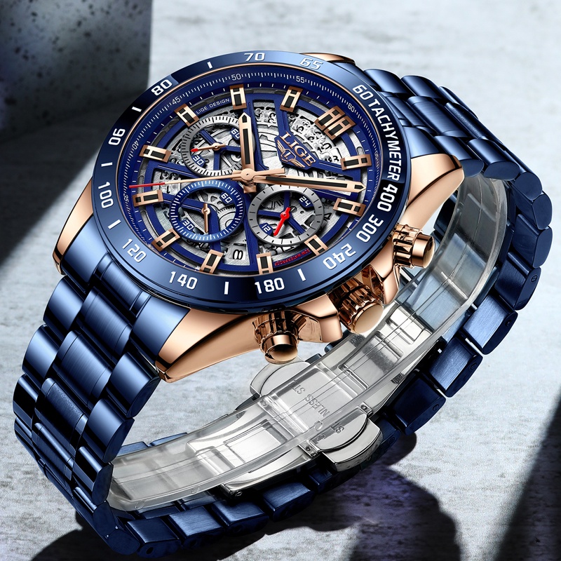 Đồng hồ nam LIGE 8944 Analog Quartz thép không gỉ không thấm nước thời trang