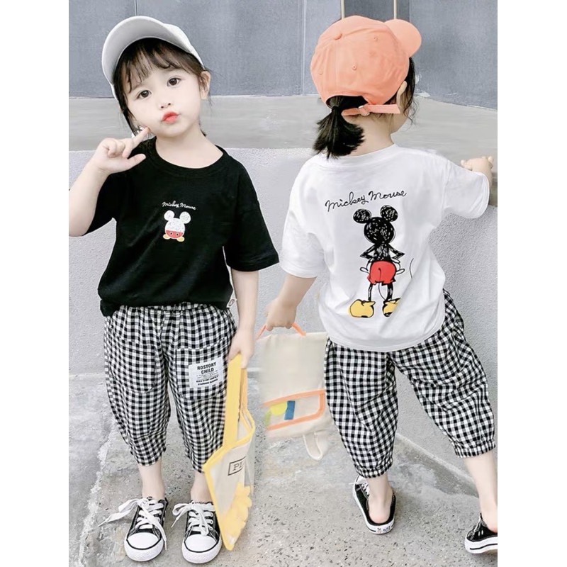 Bộ Bé Gái MicKey Mouse Trắng - Đen Phối Quần Kẻ Caro Lỡ Cho Bé -Nhà Cam