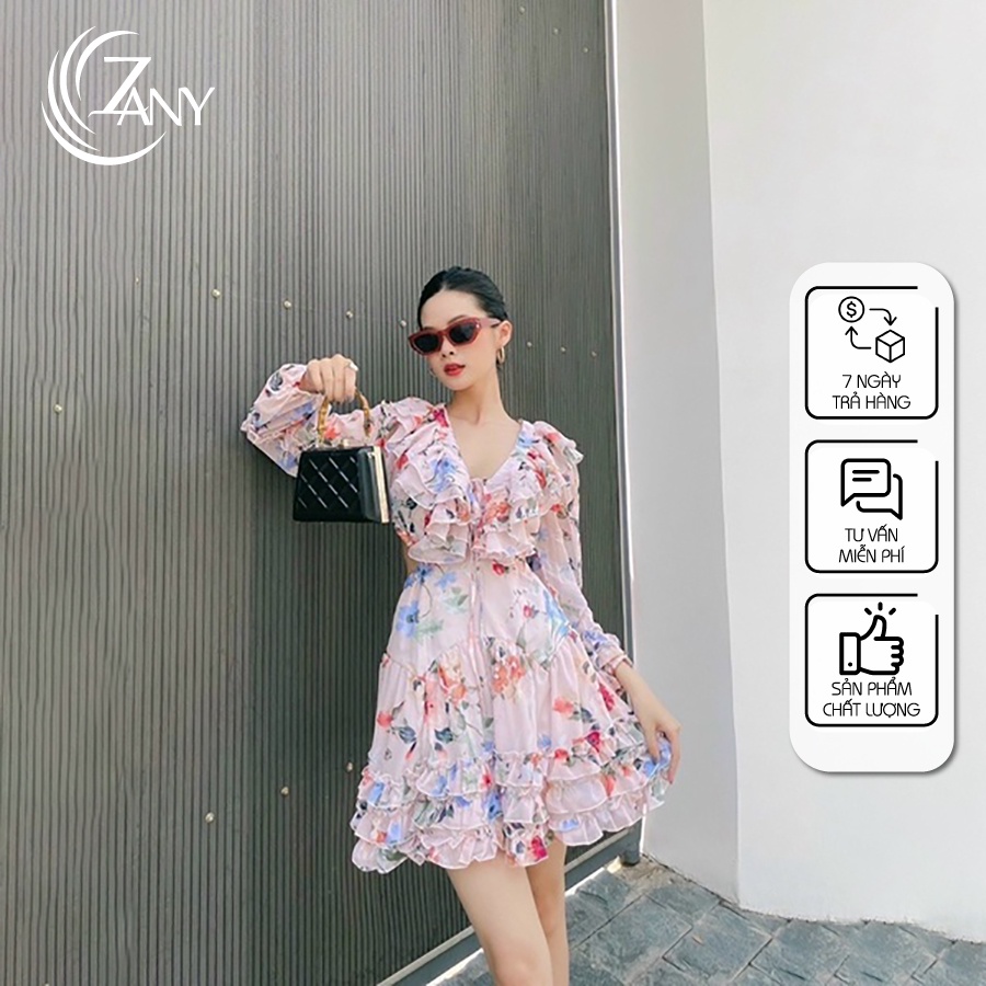 Đầm Hoa Hở Lưng ZANY Chất Liệu Vải Voan Êm Ái Nhỉu Ngực Tay Phồng Thời Trang