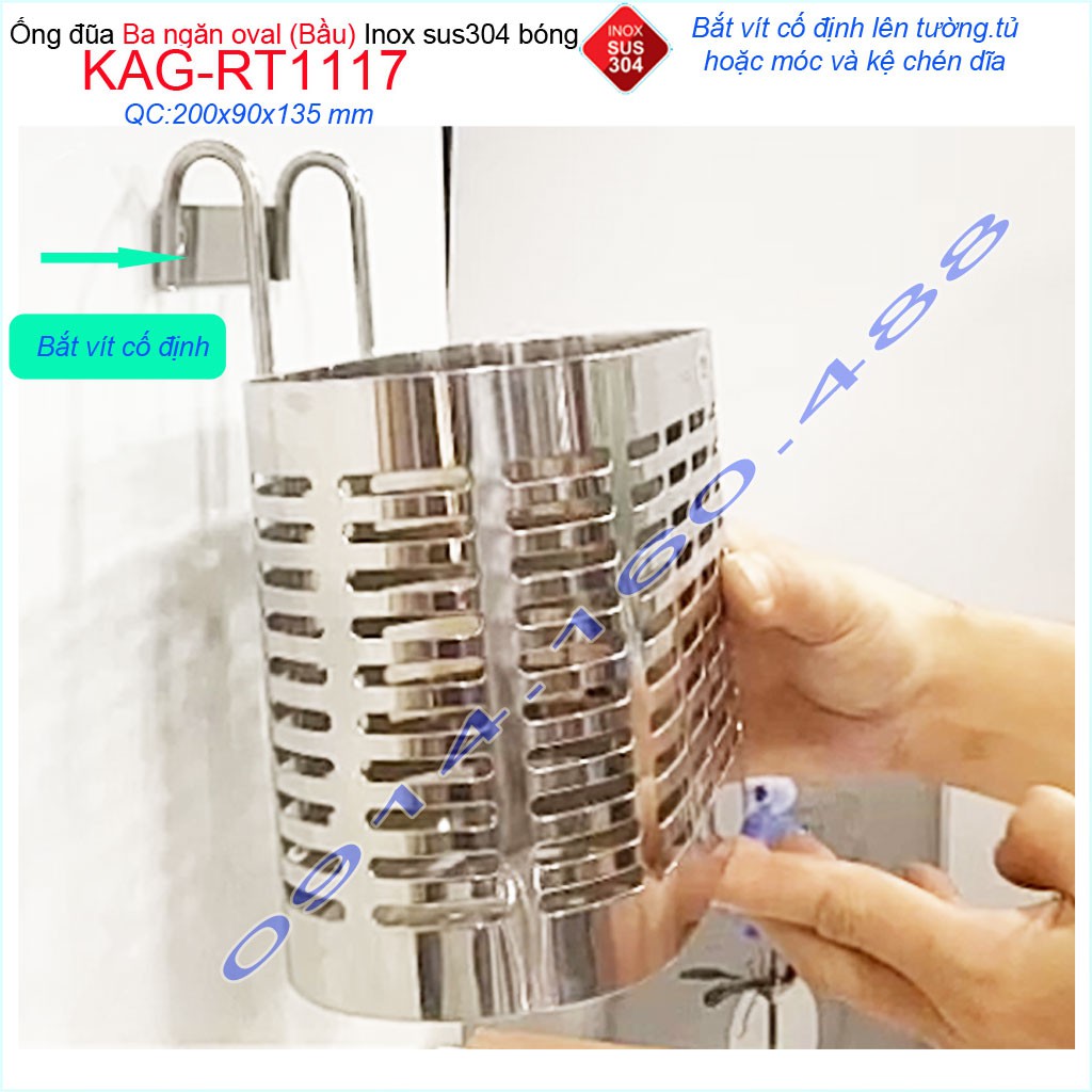 Ống đũa 3 ngăn oval KAG-RT1117, kệ đũa 3 ngăn ống đựng đũa nhà bếp inox dập khuôn SUS304 sáng bóng thiết kế đẹp siêu bền