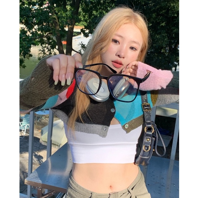 QKOOLE  Áo Croptop Dệt Kim Tay Dài Màu Sắc Vintage Hàn Quốc Cho Nữ