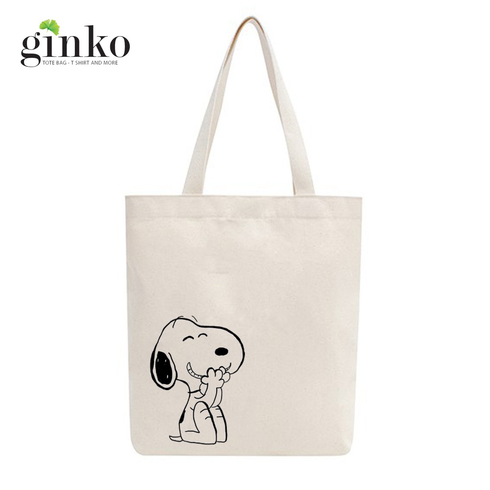 Túi Tote Vải Mộc GINKO Có Dây Kéo Khóa ( túi con bên trong ) In Hình Snoopy M20