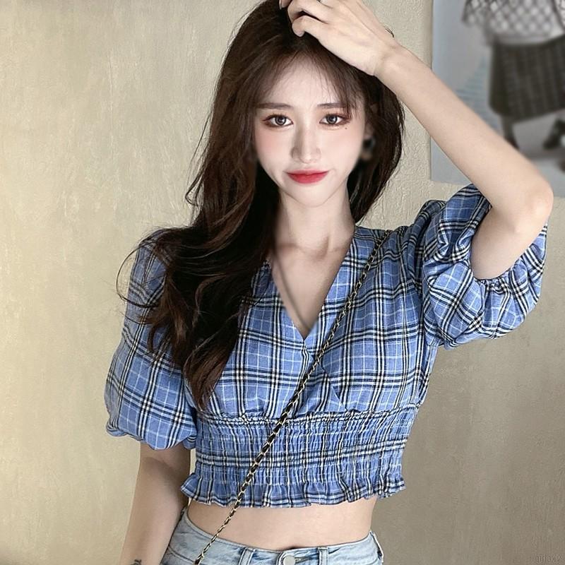  Áo croptop ngắn tay cổ chữ V in caro phong cách cổ điển Hàn Quốc cho nữ | BigBuy360 - bigbuy360.vn