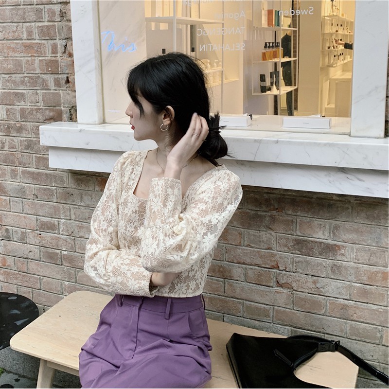 Set áo ren trắng tay dài cổ vuông croptop ngắn + quần dài lưng cao màu tím ulzzang ( có bán riêng )