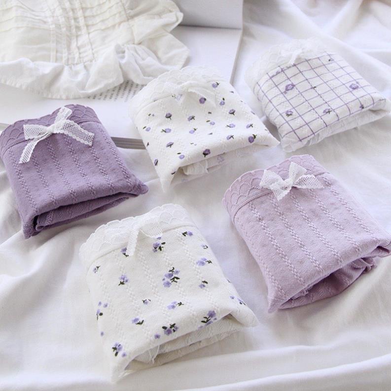 Quần lót nữ cotton sợi tre tone màu tím, cạp ren nơ họa tiết hoa diêm vĩ kháng khuẩn Ql044