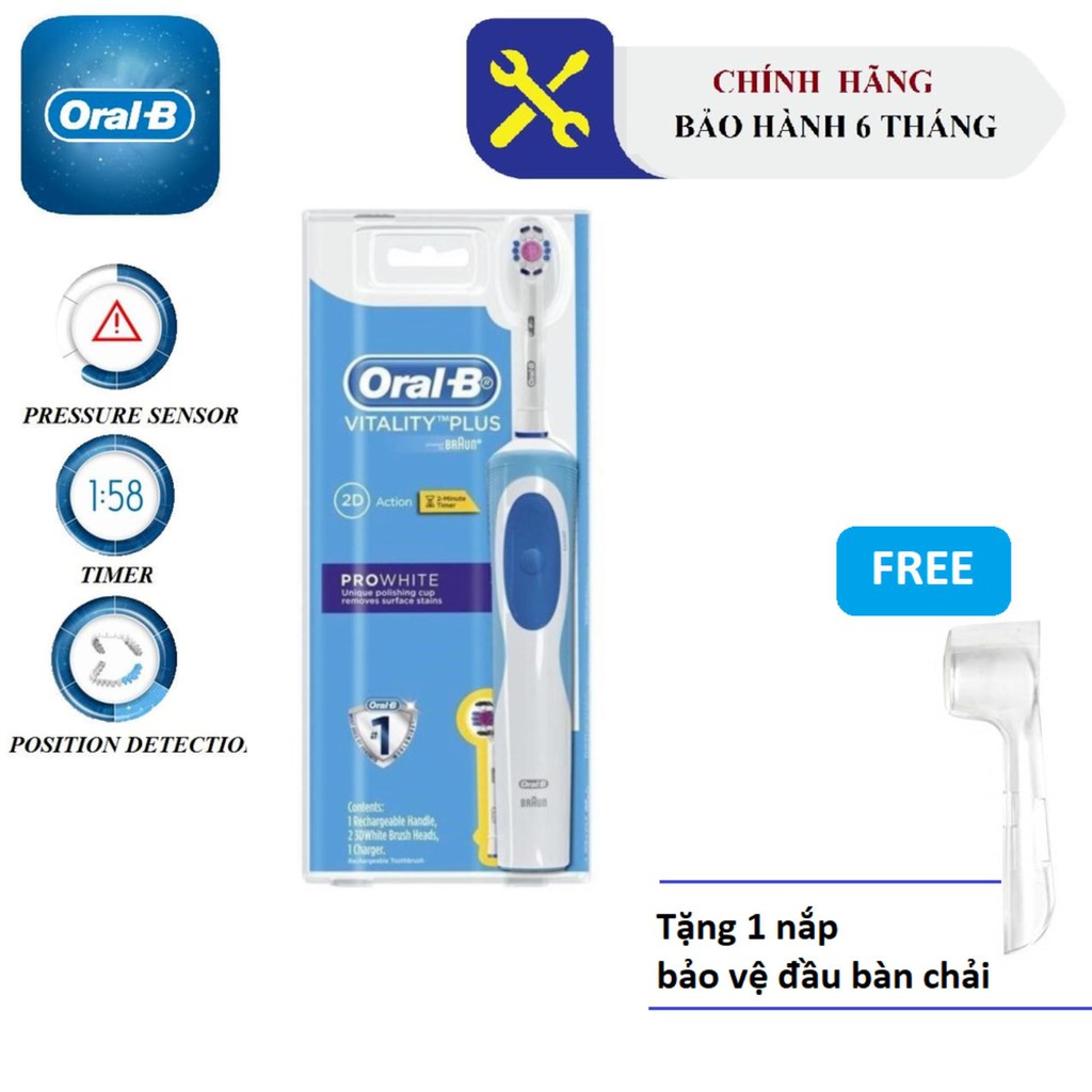 Bàn chải điện đánh răng tự động OralB Pro White (Bảo hành 6 tháng)+ Tặng kèm 1 nắp bảo vệ đầu bàn chải