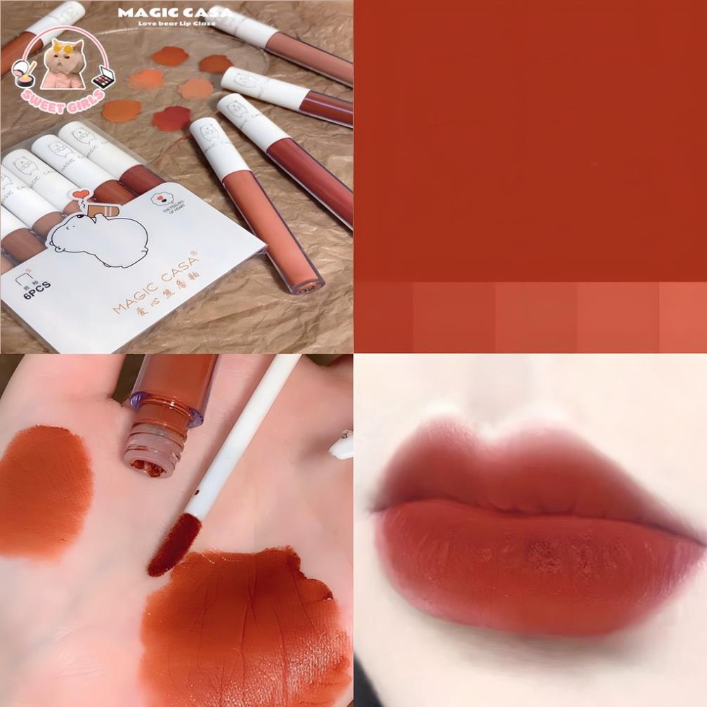 6 màu Love Bear Lip Glaze Matte Velvet Lipstick Lâu trôi Không phai Màu Son môi 👄