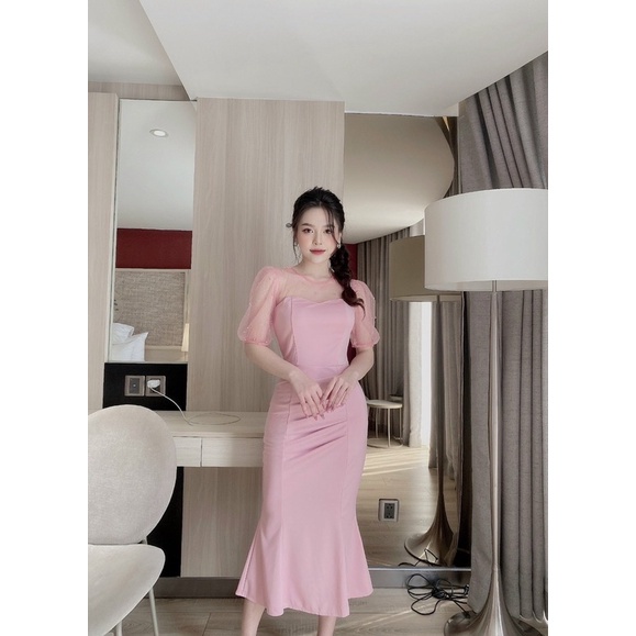 Váy đuôi cá dự tiệc thiết kế cao cấp phối ren ống tay siêu sang | BigBuy360 - bigbuy360.vn