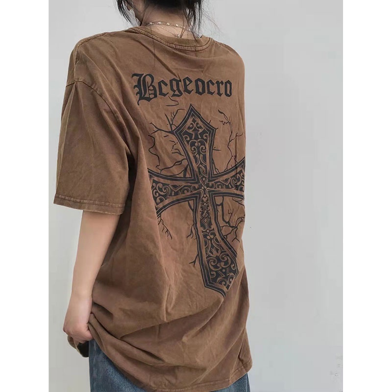 Áo Thun  form rộng Cổ Tròn 100% Cotton  màu nâu hình thánh giá hottrend Thời Trang Phong Cách Hàn Quốc Cho nam nữ