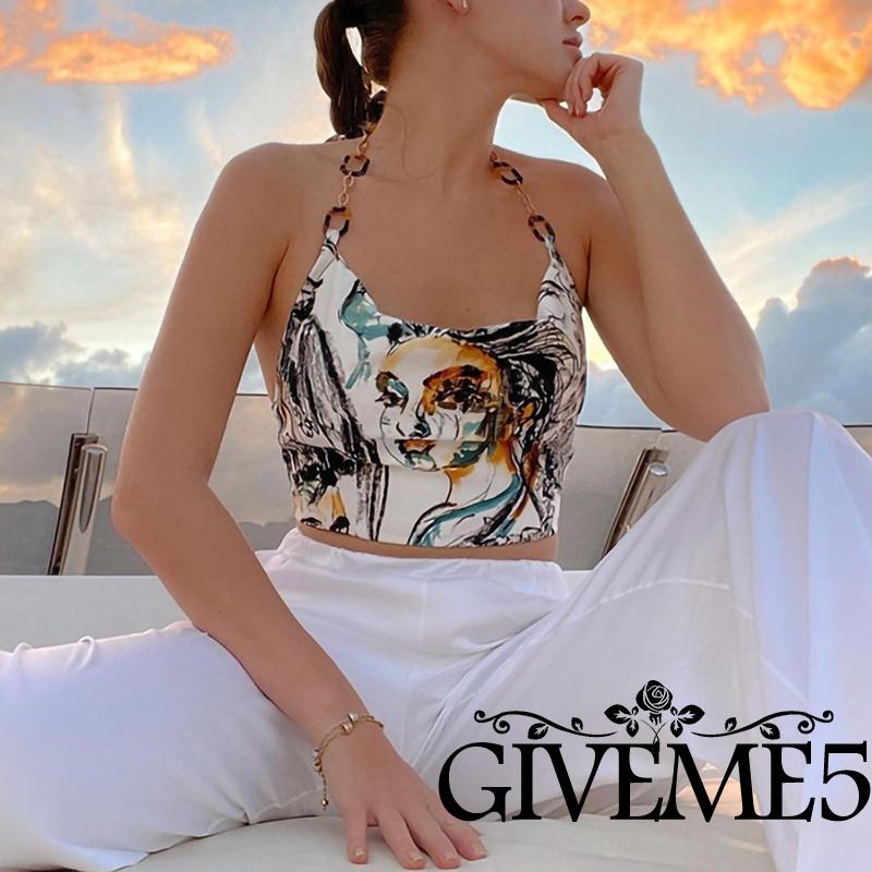 Áo hai dây Nữ Cộc Tay Hở Lưng In Hình Thời Trang