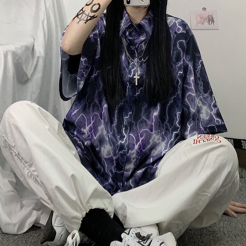 Áo Sơ Mi Tay Ngắn Dáng Rộng In Hình Tia Chớp Kiểu Harajuku Cá Tính Cho Nam | BigBuy360 - bigbuy360.vn