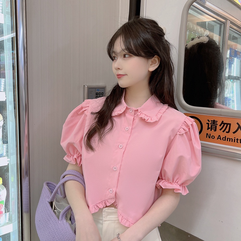 SUXI Áo Sơ Mi Tay Ngắn Cổ Búp Bê Màu Sắc Đơn Giản Thời Trang Mùa Hè Xinh Xắn Cho Nữ