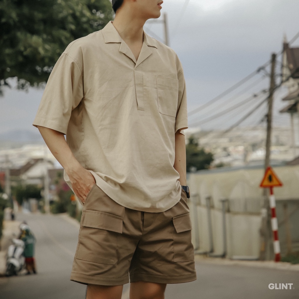 Áo sơ mi nam ngắn tay cổ Cuba màu be vải đũi cotton TuV Shirt