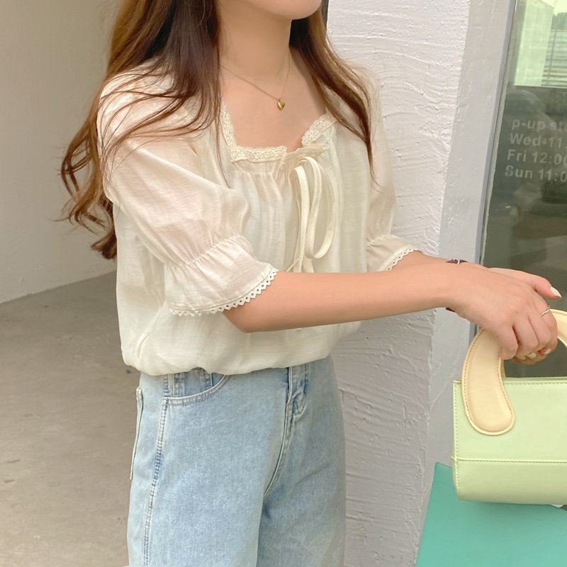 SUXI Áo Sơ Mi Ngắn Tay Cổ Vuông Màu Sắc Đơn Giản Dành Cho Nữ