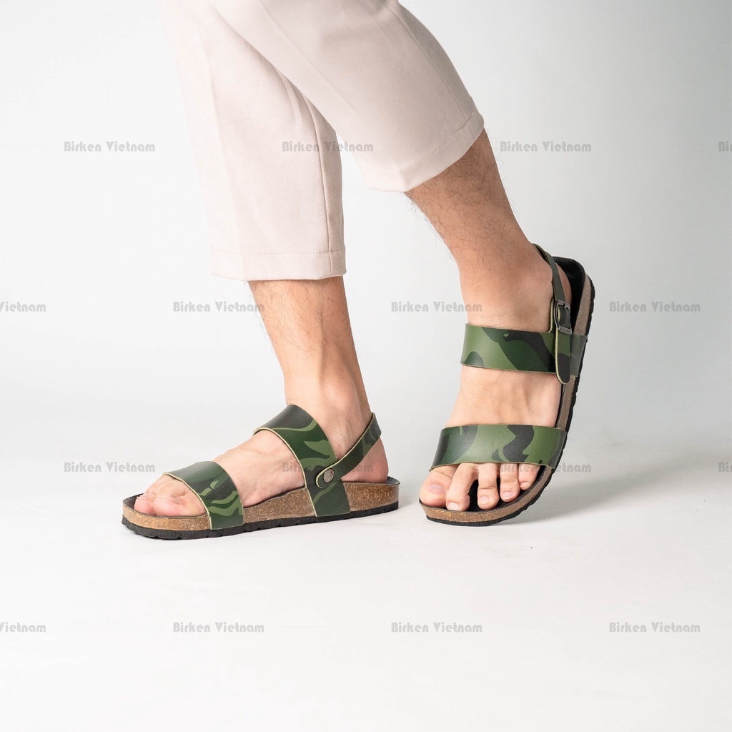 Mã R15 Sandal ĐẾ TRẤU Da PU Camo Rằn Ri Hai Quai Ngang Unisex Birken Vietnam Bioline