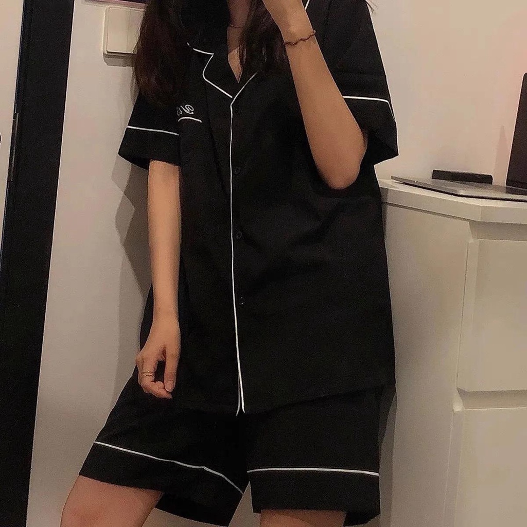 Bộ Đồ Ngủ Tay Ngắn Bằng Cotton Màu Trơn In Chữ Đơn Giản Dành Cho Nam Nữ