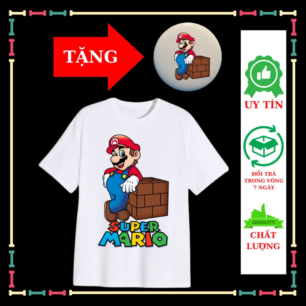Áo thun trẻ em mẫu Mario bé trai, bé gái, tay ngắn, đủ size áo từ 10kg đến 90kg huy hiệu mario trẻ em