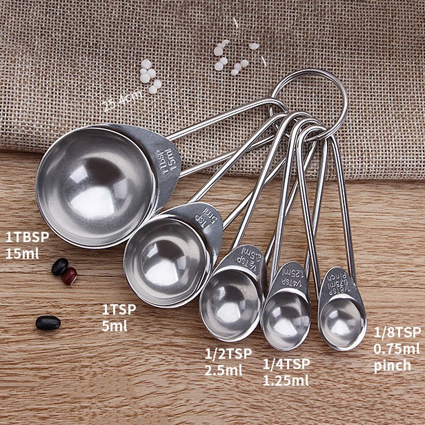 Bộ muỗng đong inox cao cấp, thìa đong nhà bếp 5 món (set 5 cái), thìa đo lường, đũa định lượng bột, sữa, gia vị, cà phê