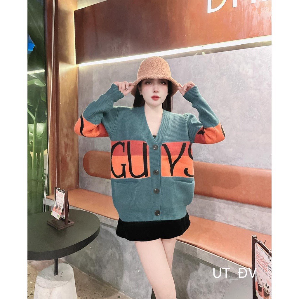 Áo Khoác len Cardigan Cổ V Cài Khuy Họa Tiết Chữ Guys Phối Màu Tay Dài Thời Trang Nữ Thu Đông | Vui Vẻ Shop