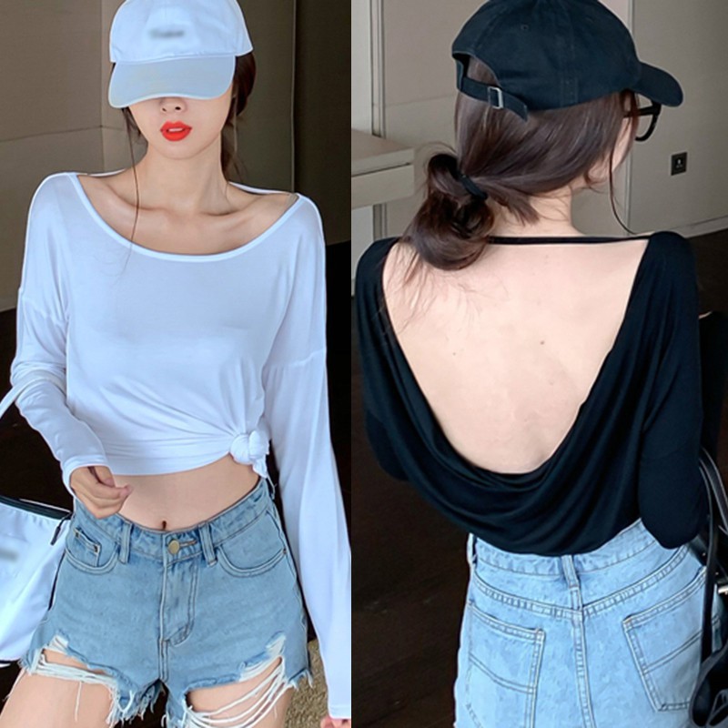 Áo Thun Hở Lưng Tay Dài Cổ Tròn Màu Trơn Cho Nữ