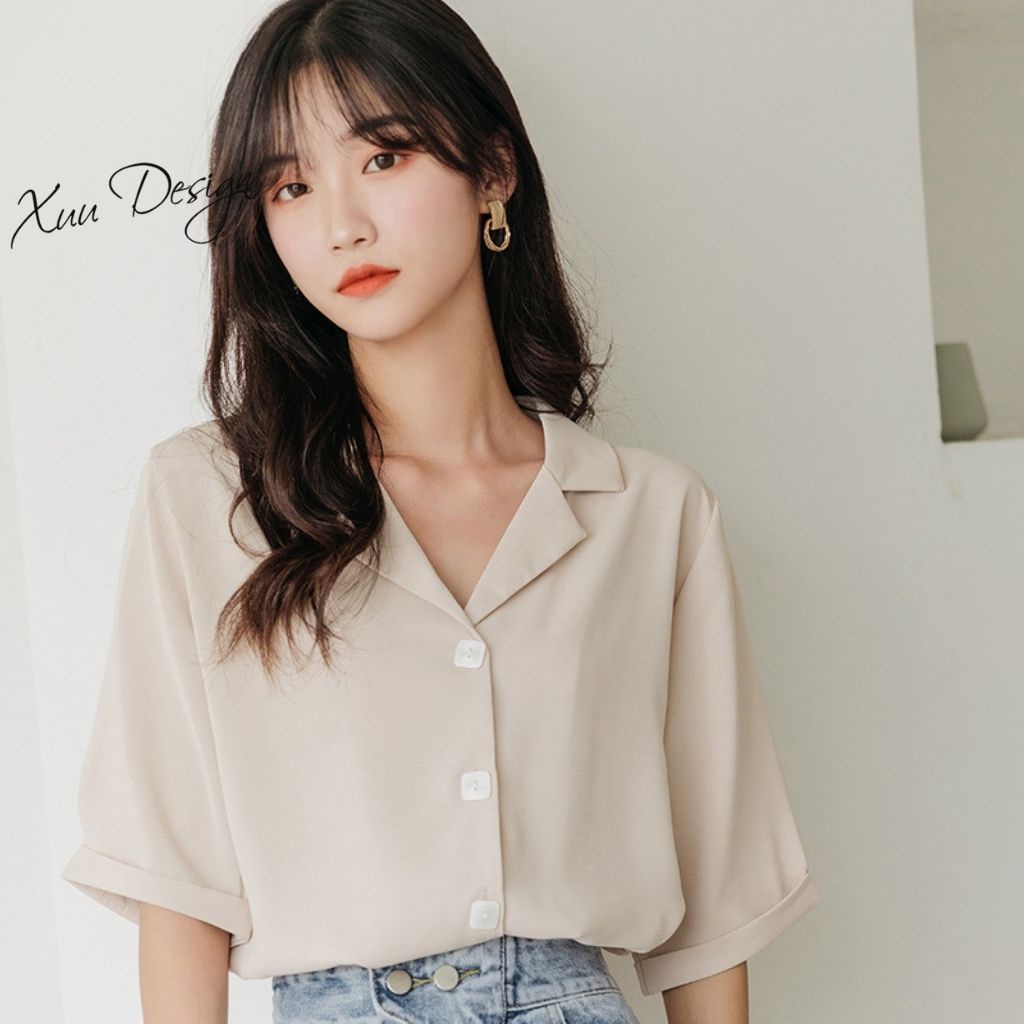 Áo sơ mi nữ tay lỡ trơn XUU, thiết kế cổ vest kiểu dáng basic SK06 | BigBuy360 - bigbuy360.vn