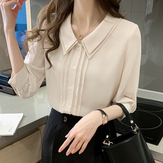 Áo Chiffon Nữ Tay Lửng Cổ Peter Pan Màu Trắng Dễ Thương