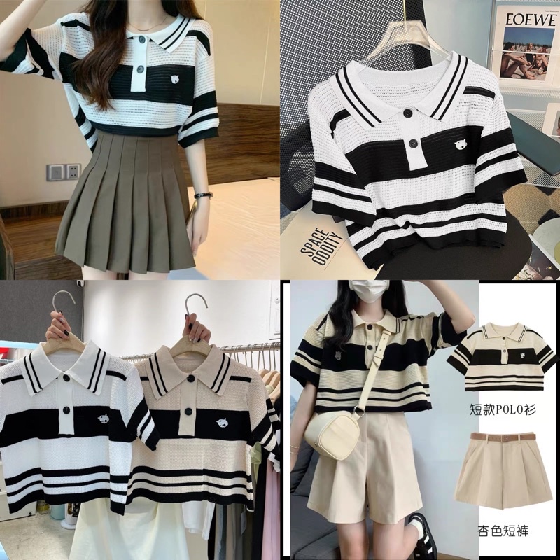 [Ảnh thật/Video] Áo mongtogi Cổ polo kẻ ngang màu Trắng trẻ trung  Áo len sọc ngang hàn quốc