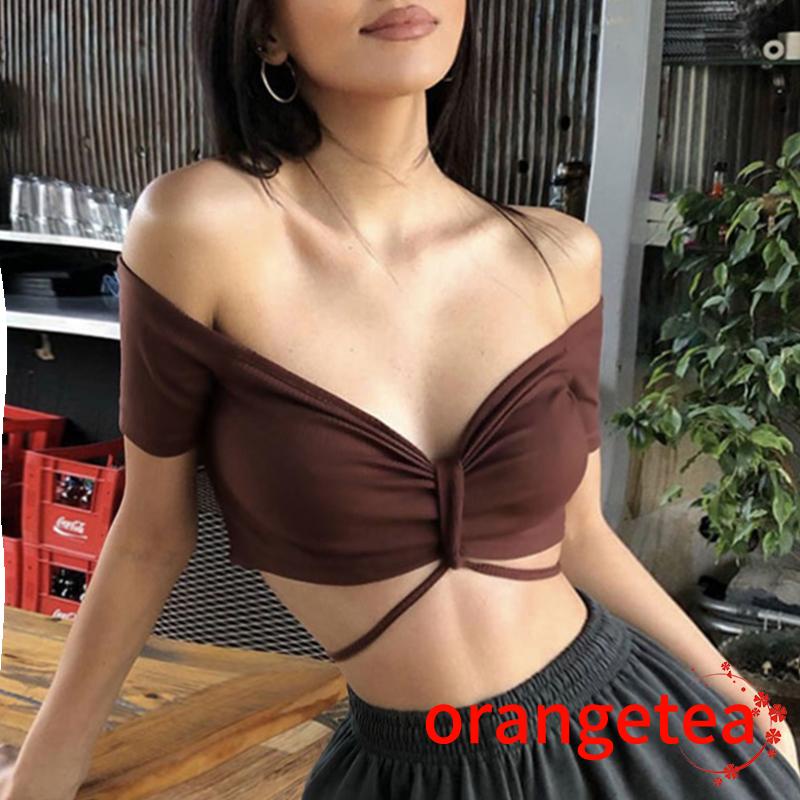 Áo Croptop Tay Ngắn Hở Vai Màu Sắc Trơn Thời Trang Dành Cho Nữ