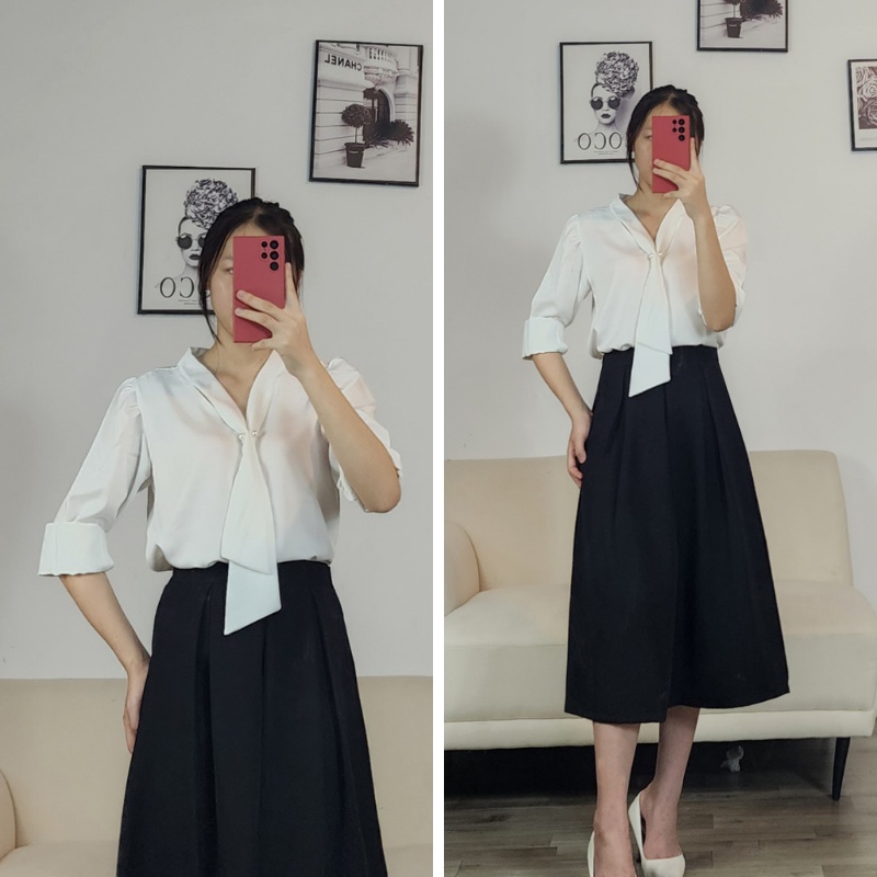 Áo sơ mi công sở nữ lụa trắng đẹp form rộng cổ V dây nơ gài ngọc kiểu sang trọng có BIGSIZE đi làm đi chơi đi học ASM04