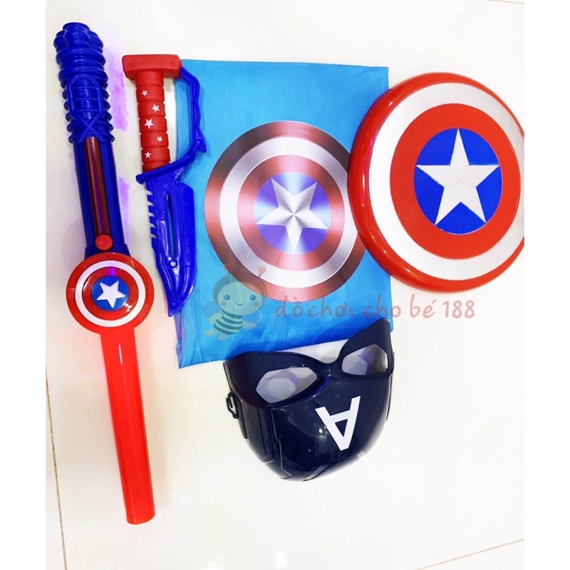 Bộ Áo Choàng Khiên Captain America- Siêu Nhân nhện Đầy Đủ Kiếm Mặt Nạ, kiếm Âm Thanh Ánh Sáng Đèn Nhạc Shield