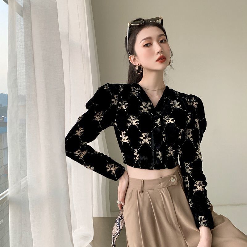 Áo Nhung Dài Tay Cổ Chữ V Xinh Xắn Kiểu Pháp Dành Cho Nữ