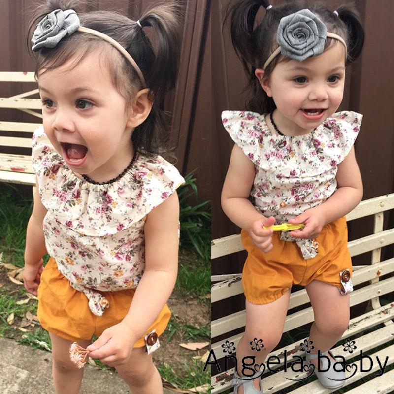Set áo không tay họa tiết hoa và quần ngắn dễ thương cho bé gái