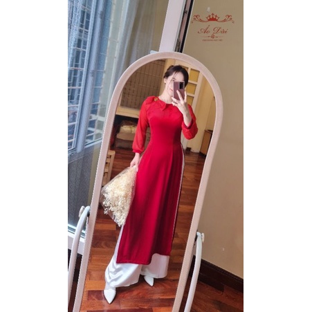 Áo dài nhung tiểu thư phối tay tơ cổ nơ điệu đà 3 màu xanh đỏ vàng, hàng chuẩn đẹp giá sát sỉ