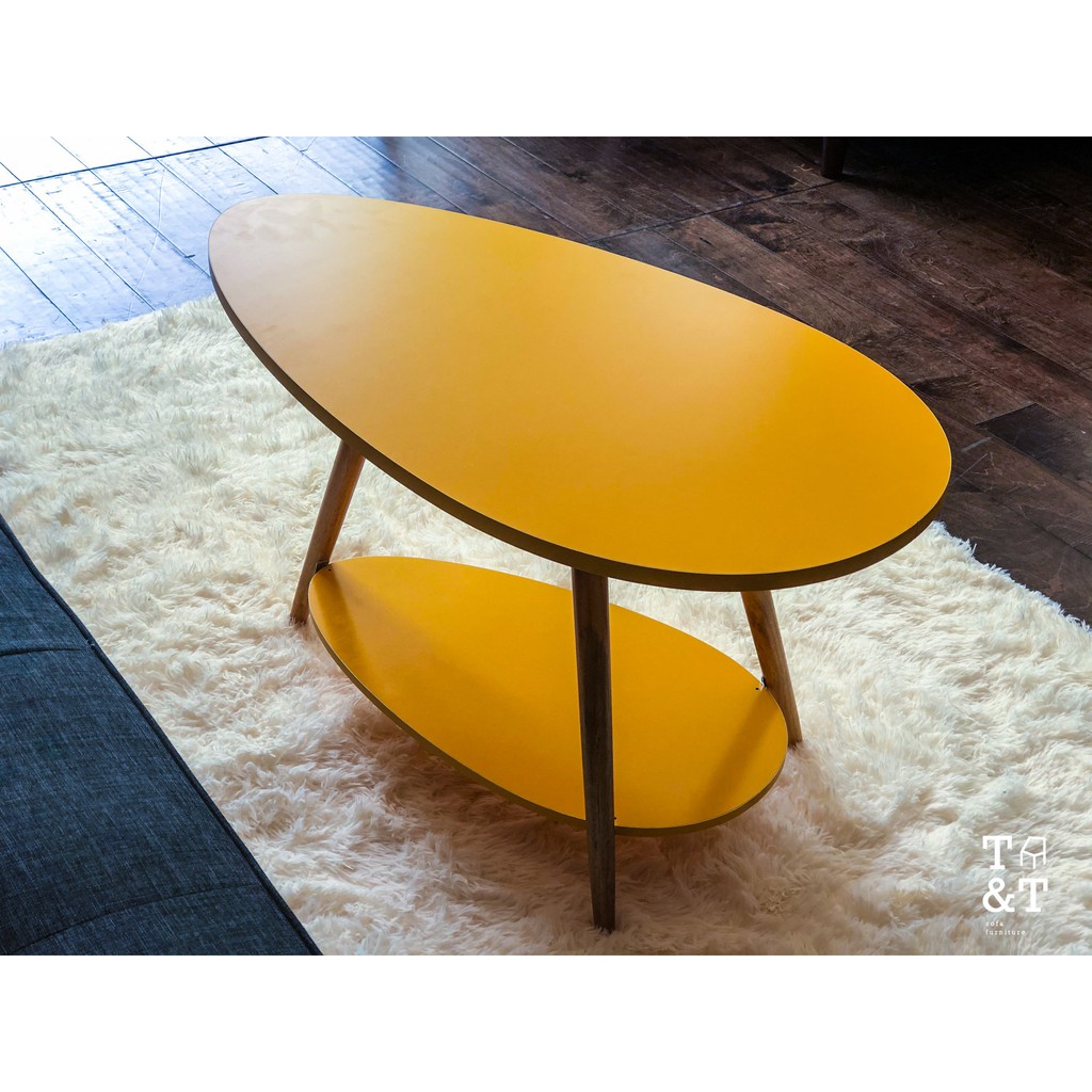 [siêu sale] bàn trà sofa hình trứng 2 tầng màu vàng, màu gỗ tự nhiên