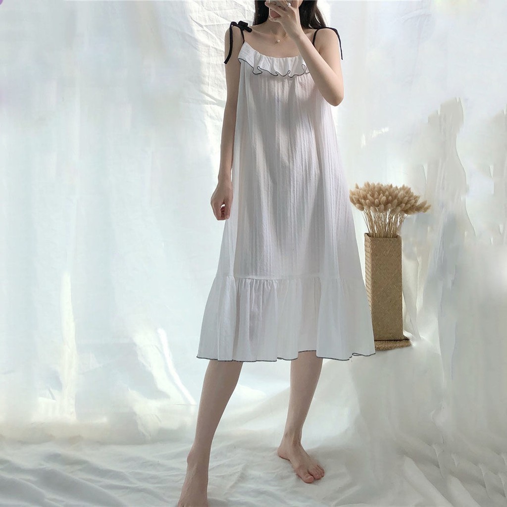 Đầm Ngủ Hai Dây Dài Qua Gối Phong Cách Hàn Quốc Cho Nữ Sinh