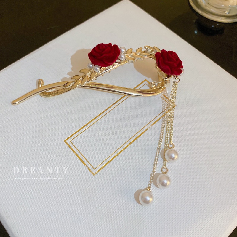 Kẹp Tóc Đính Hoa Hồng Ngọc Trai Giả Phong Cách Hàn Quốc Cho Nữ