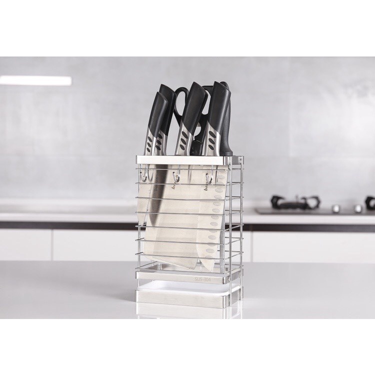 Kệ đựng dao kéo Inox 304 kèm 3 móc treo và khay hứng nước chống rỉ(loại dày)