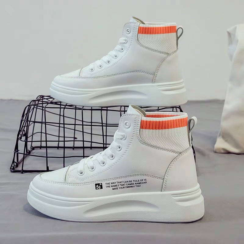 [Mã FAGREEN245 giảm 10% tối đa 30k đơn từ 99k] (VIDEO thật) Giày thể thao nữ da độn đế cao cổ len kẻ Cam Q5 | BigBuy360 - bigbuy360.vn